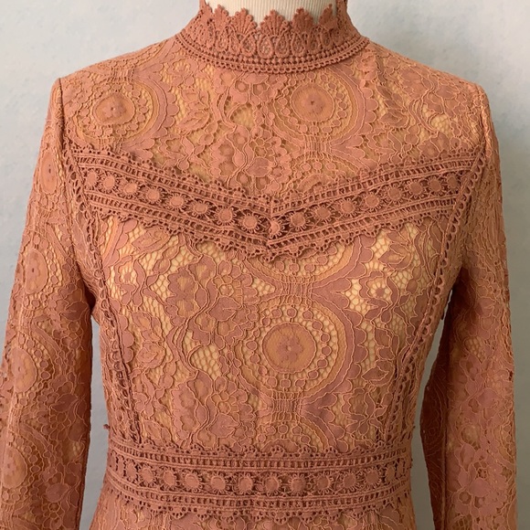 Mauve Lace 3/4 Sleeve High Neck Dress - Picture 4 of 12